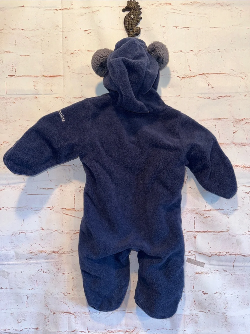 Columbia Dark Navy Fleece Hooded Baby Footie Bear Ears bunting full zip 3 6 mo